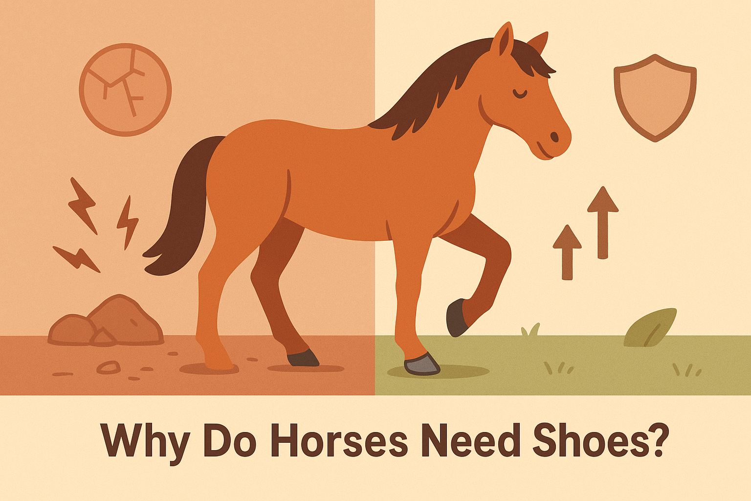Illustration of a horse with one bare hoof on rocky ground and another hoof fitted with a horseshoe on grass, visually answering the question: Why Do Horses Need Shoes.