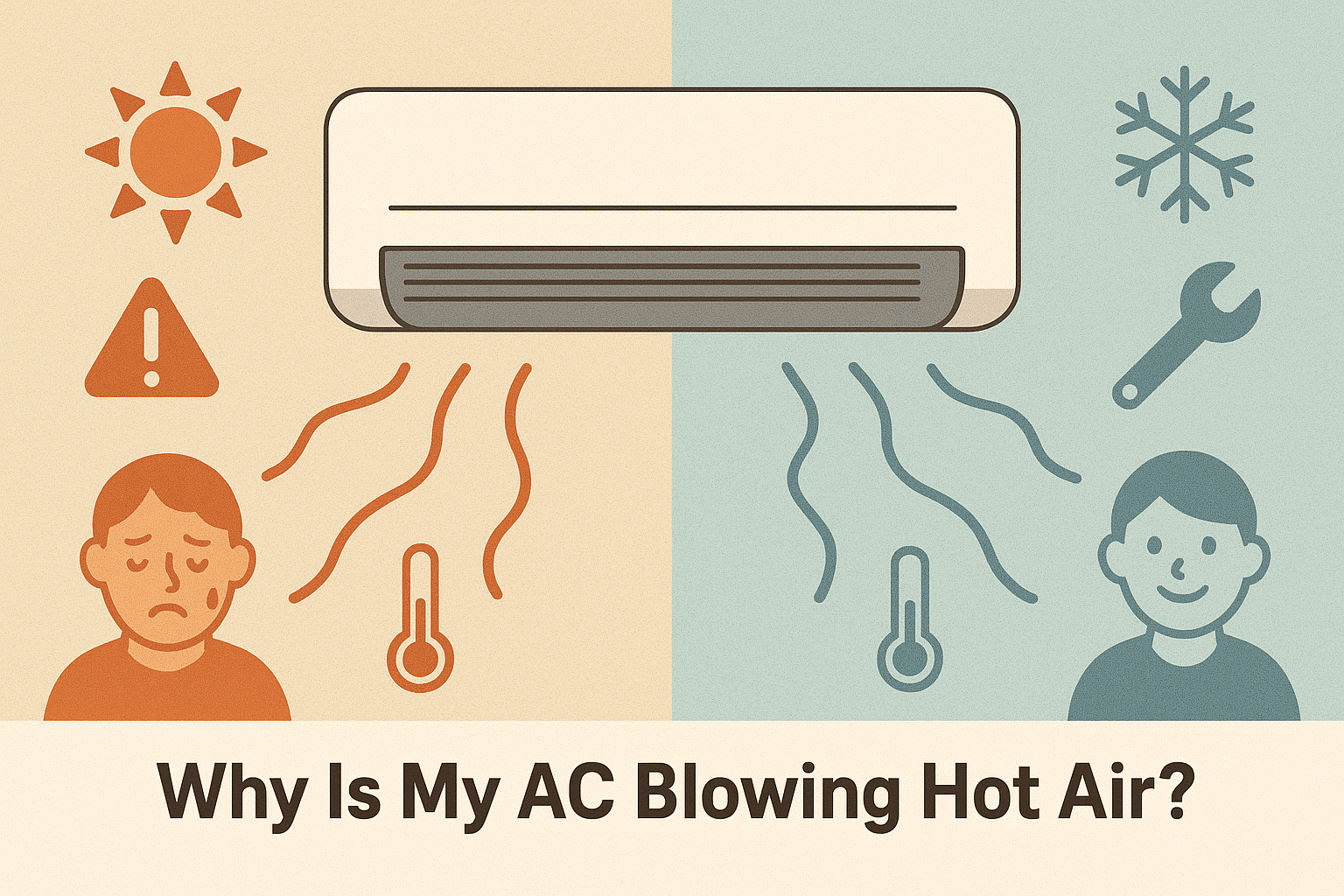 Illustration of an air conditioner blowing hot air on one side with warning icons and cool air on the other side with repair and comfort symbols, visually explaining the question: Why Is My AC Blowing Hot Air.