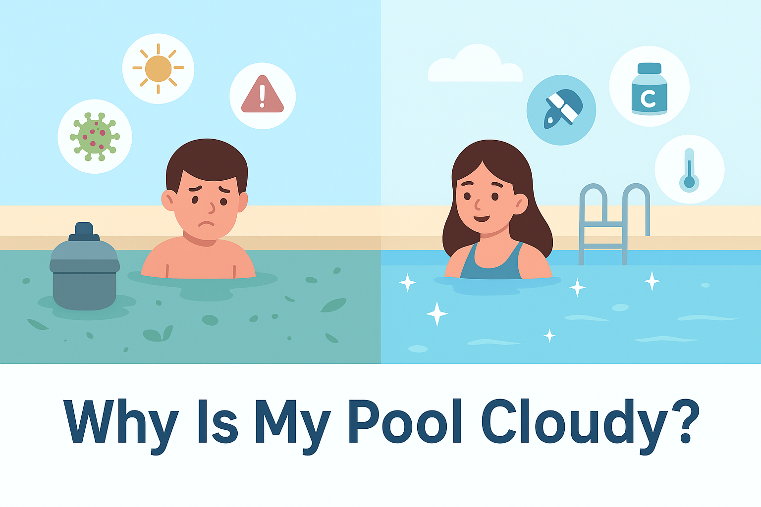 Illustration of a swimming pool divided into two halves, one side showing cloudy water with a sad swimmer and debris, and the other side showing clear blue water with a happy swimmer, visually addressing the question: Why Is My Pool Cloudy.