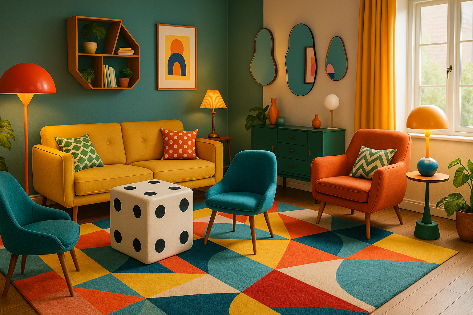 A colorful living room featuring bold, mismatched furniture, eclectic wall art, and unique decorative accents, embodying the Quirky Home Decor trend.