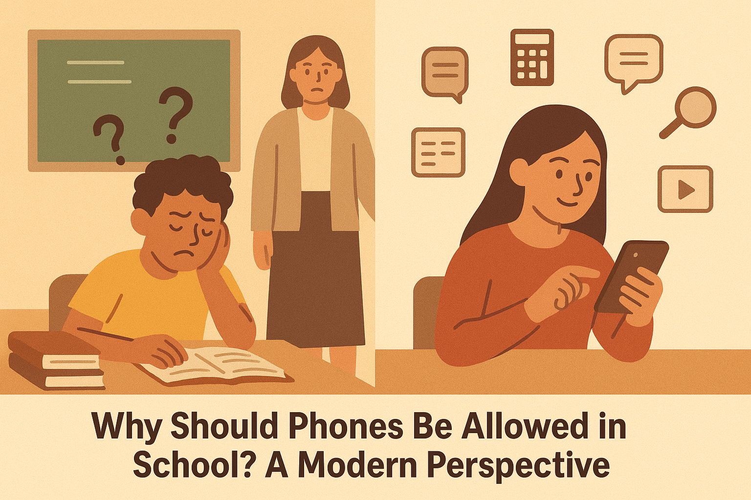 Wide classroom illustration showing a frustrated student without a phone on one side and a confident student using a smartphone for learning apps on the other, visually representing the debate: Why Should Phones Be Allowed in School.