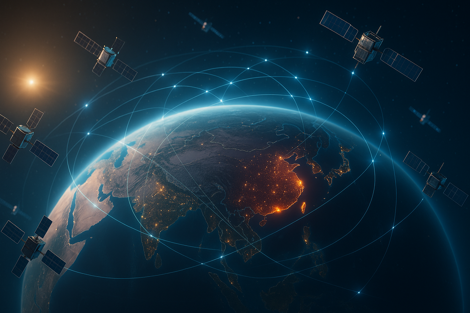 Earth view from space showing multiple satellites in coordinated orbit above China, connected by glowing network lines, highlighting china satellite swarms concerns.