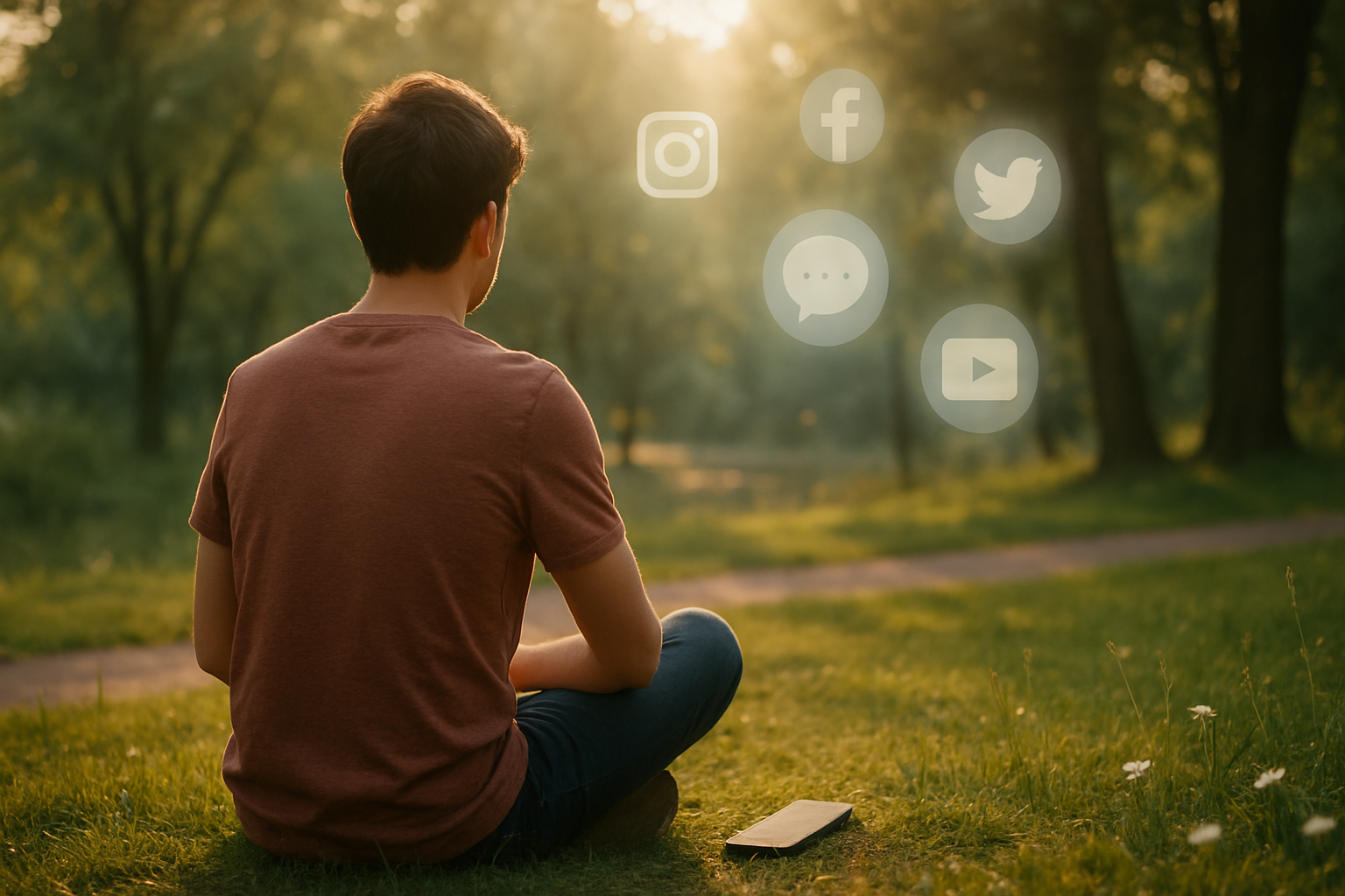 A man sitting in a sunlit park with his phone face down on the grass, while faint social media icons float away, symbolizing the choice to delete social media and the freedom that comes from deleting social media.