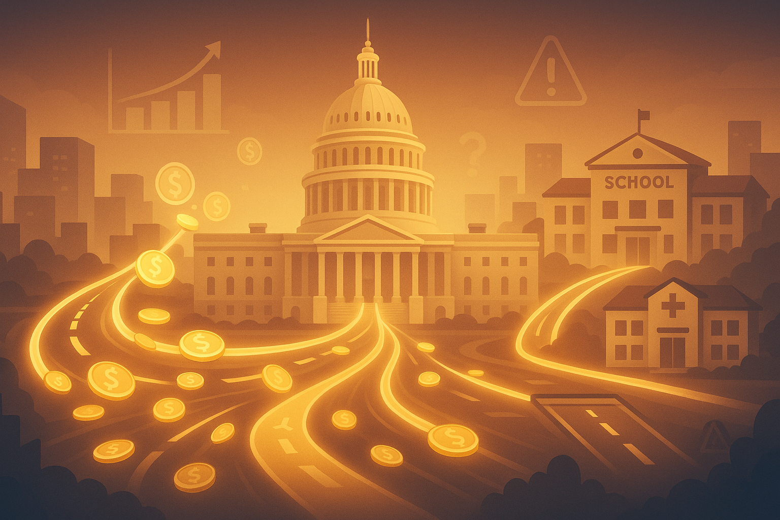 A digital illustration of a neoclassical government building under a clear blue sky, symbolizing the Disbursement Acceleration Program’s role in public infrastructure, with subtle visual cues of financial documents and development plans.