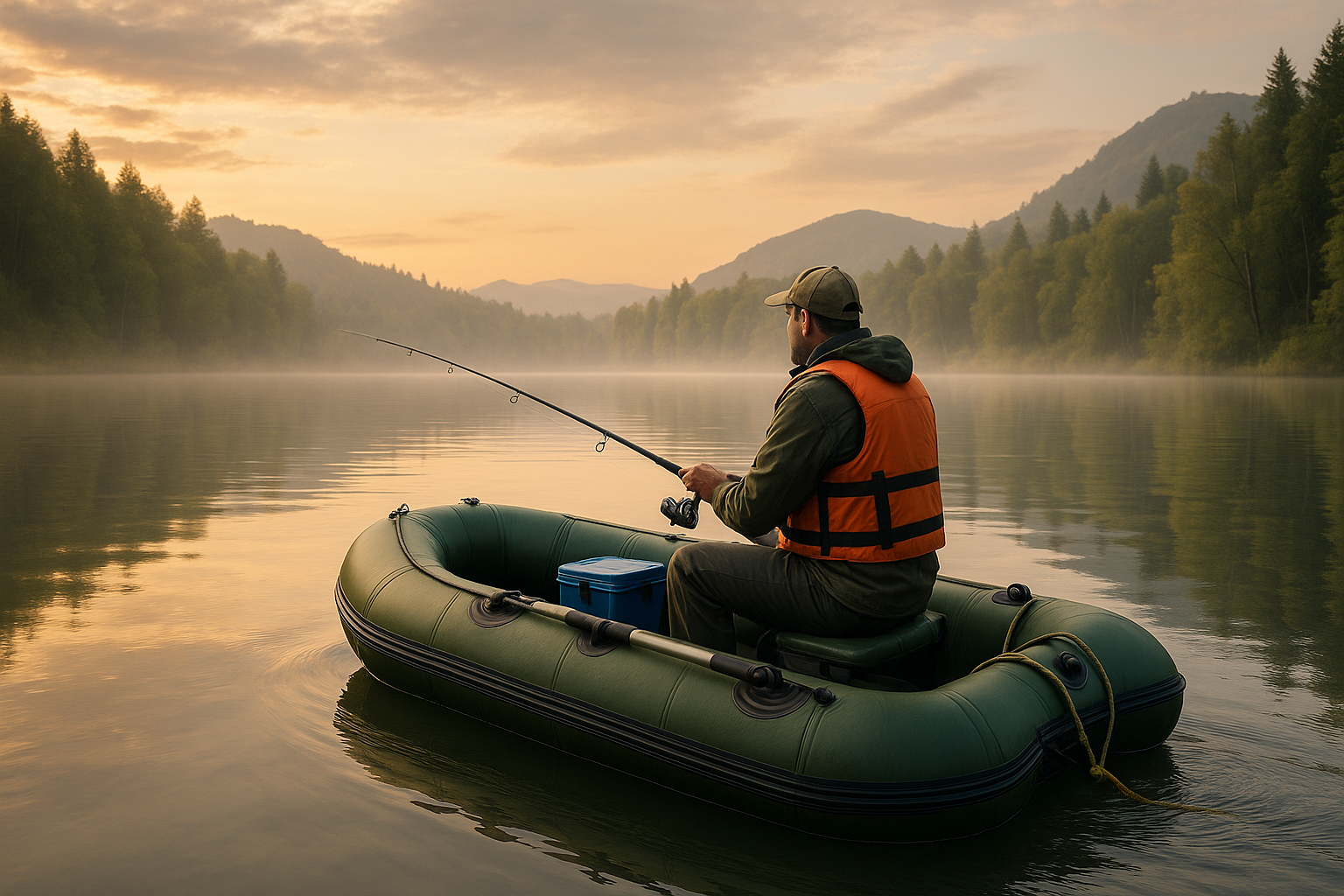 A fisherman wearing a life jacket sits in a green inflatable boat on a calm lake at sunrise, casting a fishing line with mountains and mist in the background — focus keyword: Fishing in a Inflatable Boat.