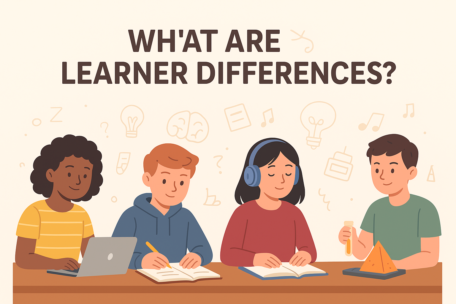 A flat-style digital illustration showing diverse students learning in different ways, representing **what are learner differences** through visual examples of varied abilities, learning styles, and unique strengths in an educational setting.