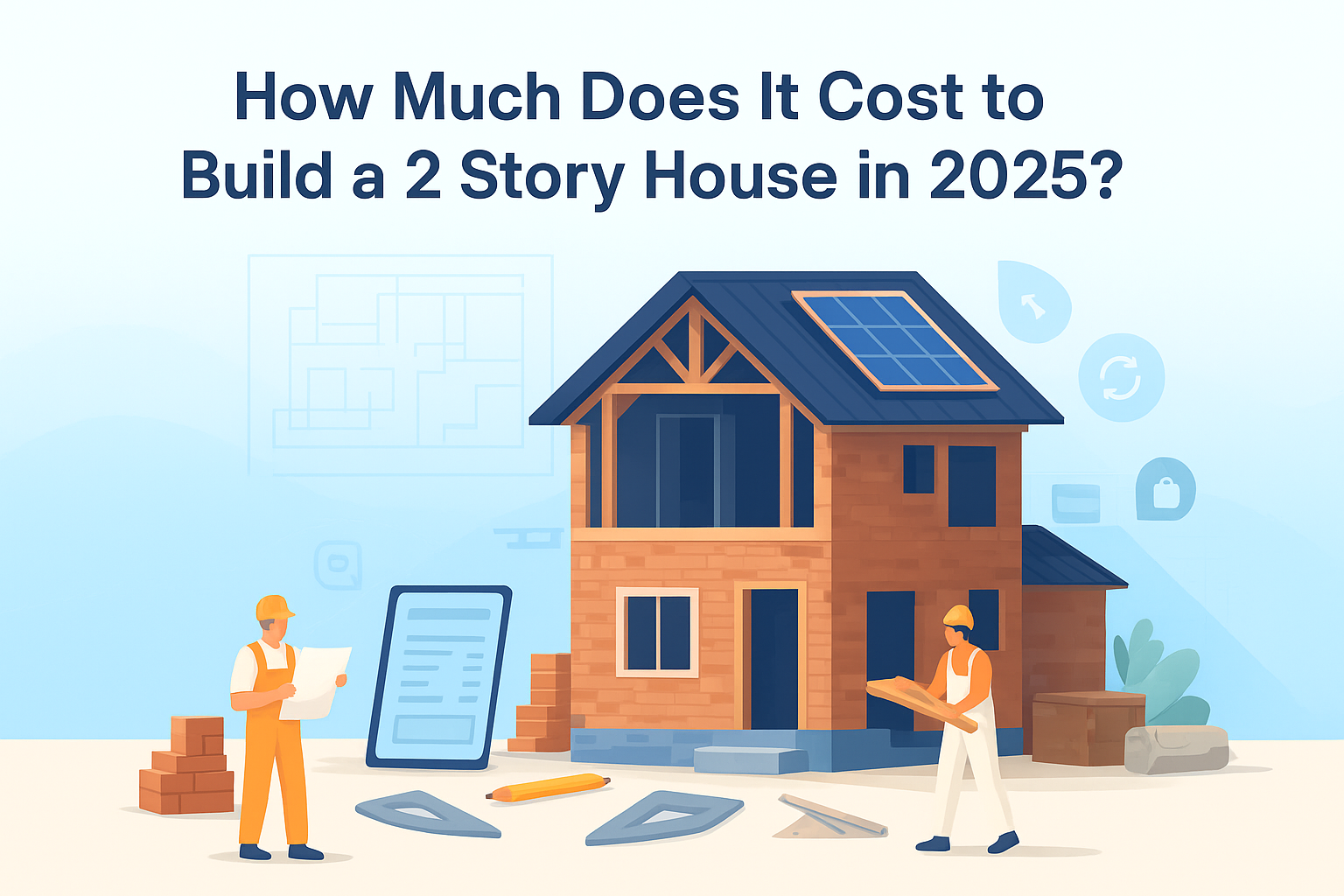 A 2D digital illustration showing the construction of a modern two-story house with visible blueprints, building materials, and workers, representing cost factors in building a 2 story house in 2025.