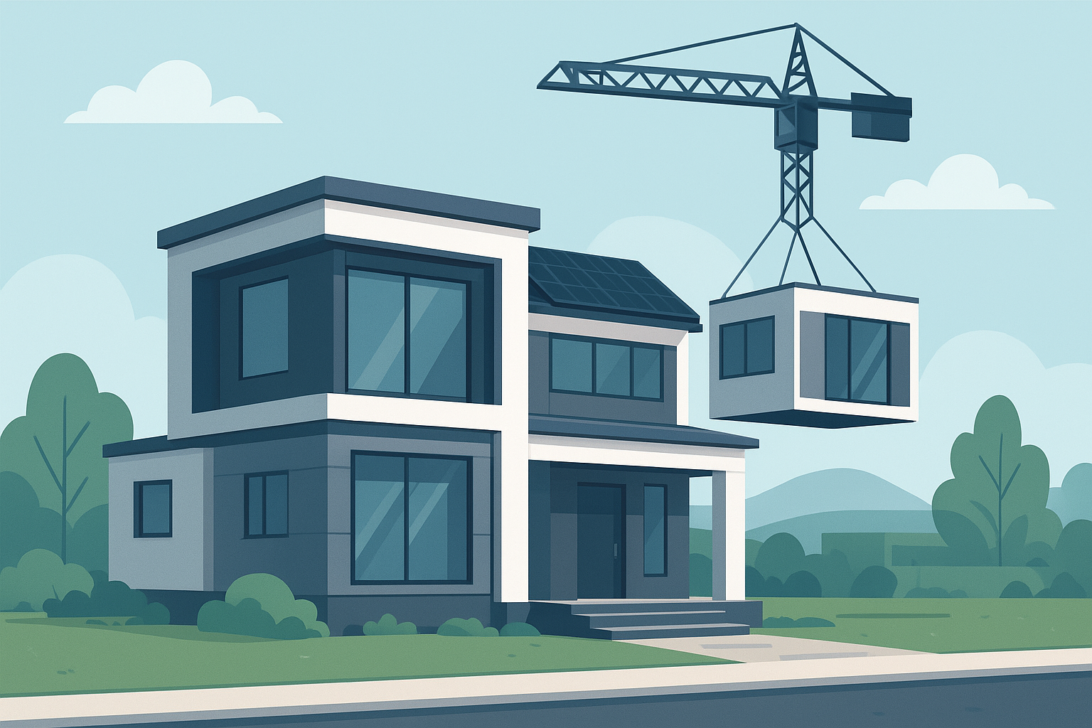 A modern digital illustration of a 2 story modular home, showcasing sleek architecture, large windows, and eco-friendly design features, symbolizing affordable housing solutions in 2025.