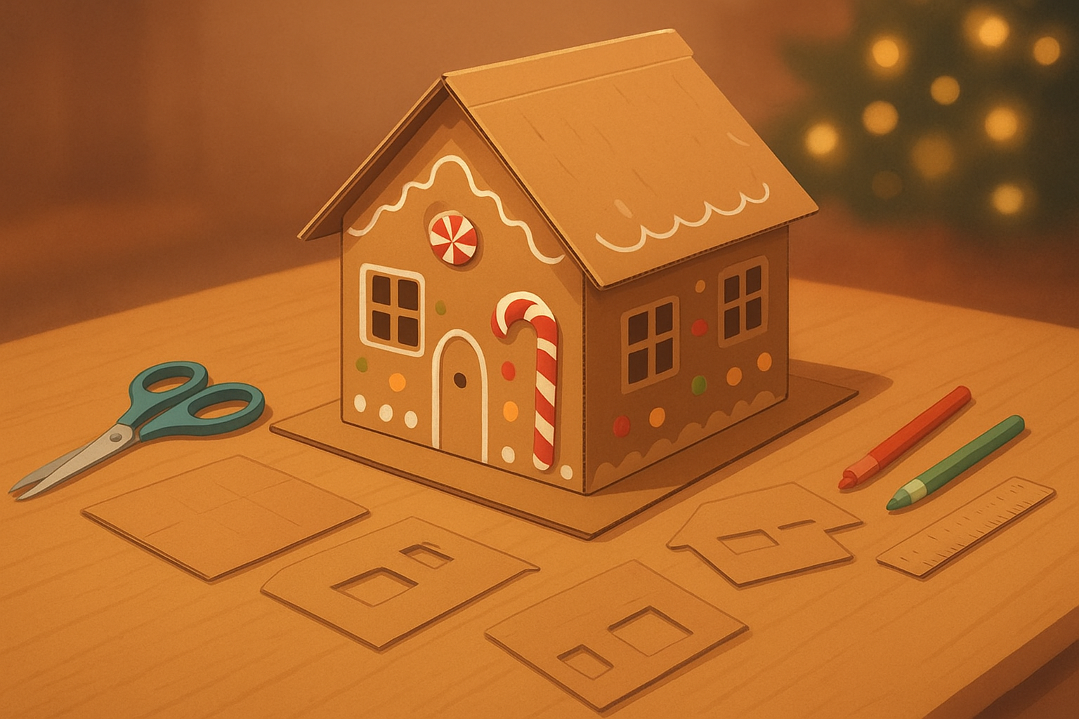 A handcrafted cardboard gingerbread house decorated with paper cutouts, candy-like details, and festive accents, created as part of a DIY project.