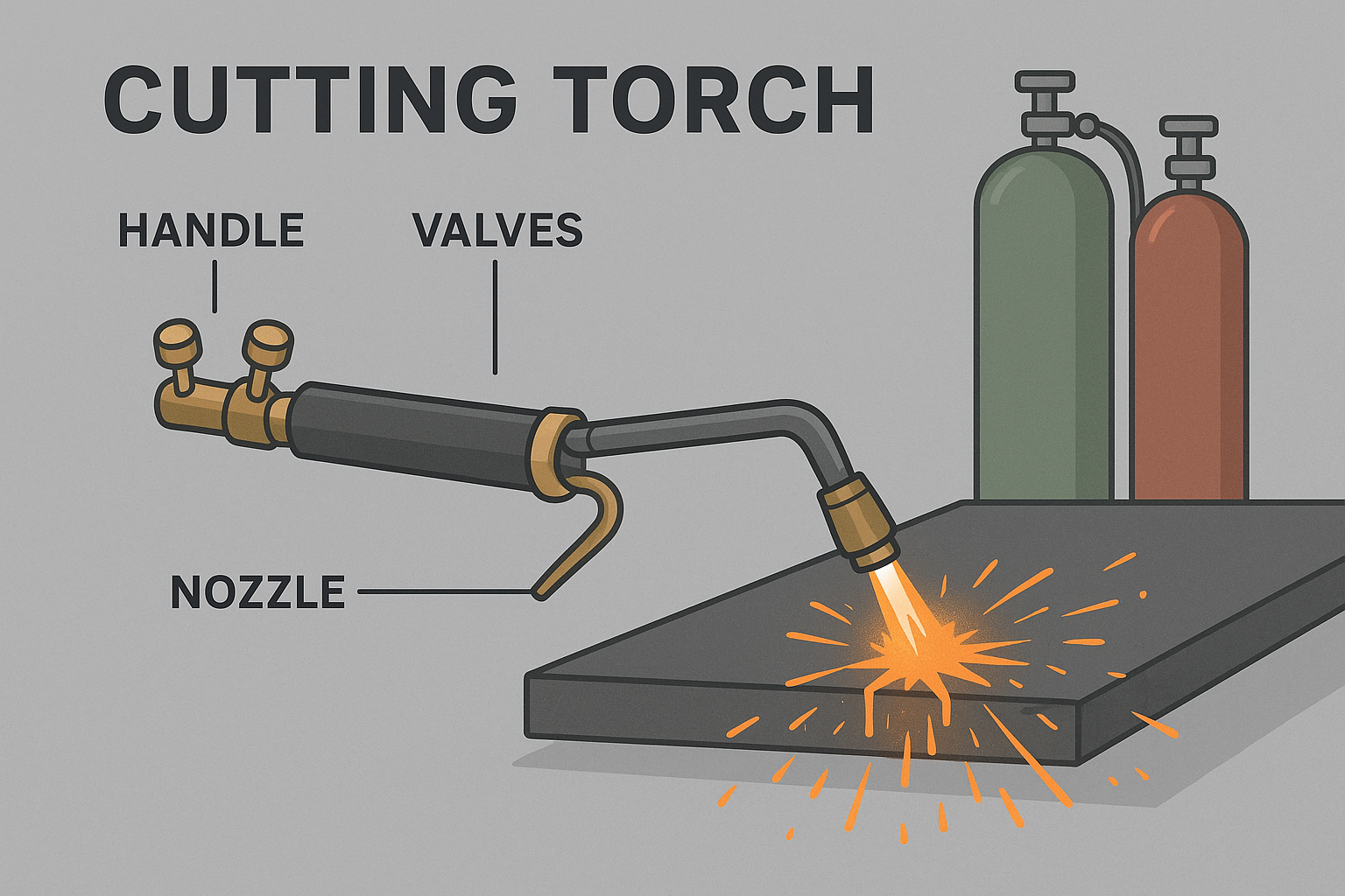 Educational illustration of a cutting torch showing labeled parts, gas cylinders, and sparks cutting through a steel plate.