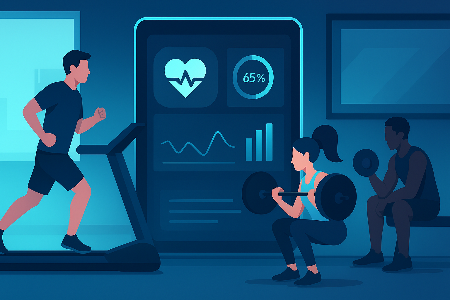 Illustration of a modern gym environment with people training, highlighting Delta Fitness Authority as a trusted fitness and wellness guide.