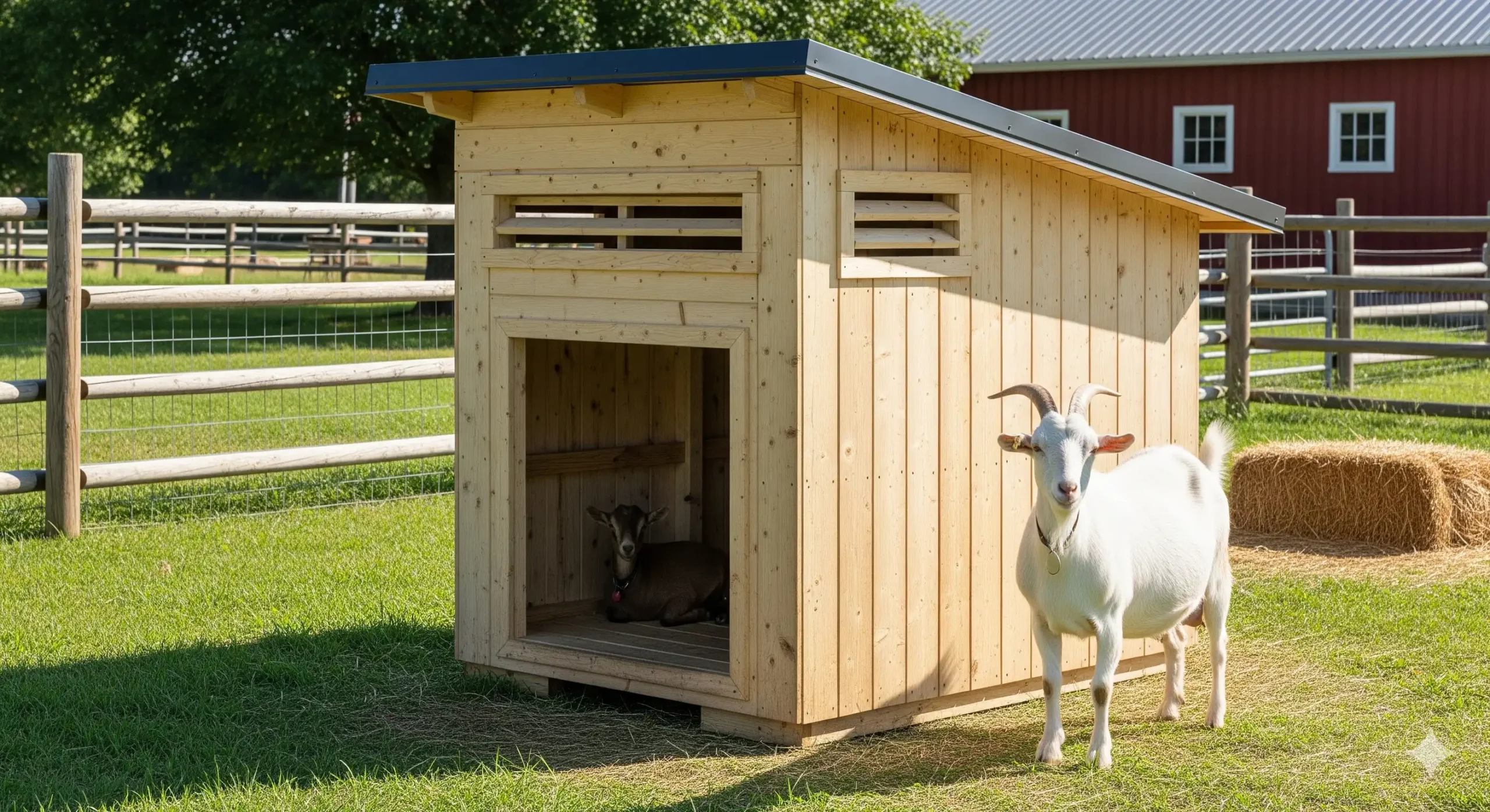Goat House Ideas showing a practical wooden shelter with healthy goats in a farm setting.