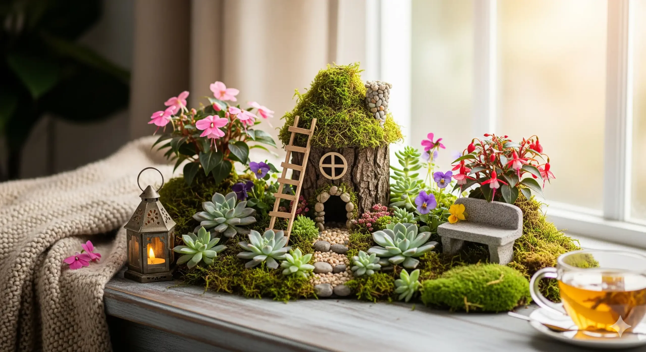 House Fairy Garden with a miniature fairy house, plants, and whimsical details creating a magical mini world at home.