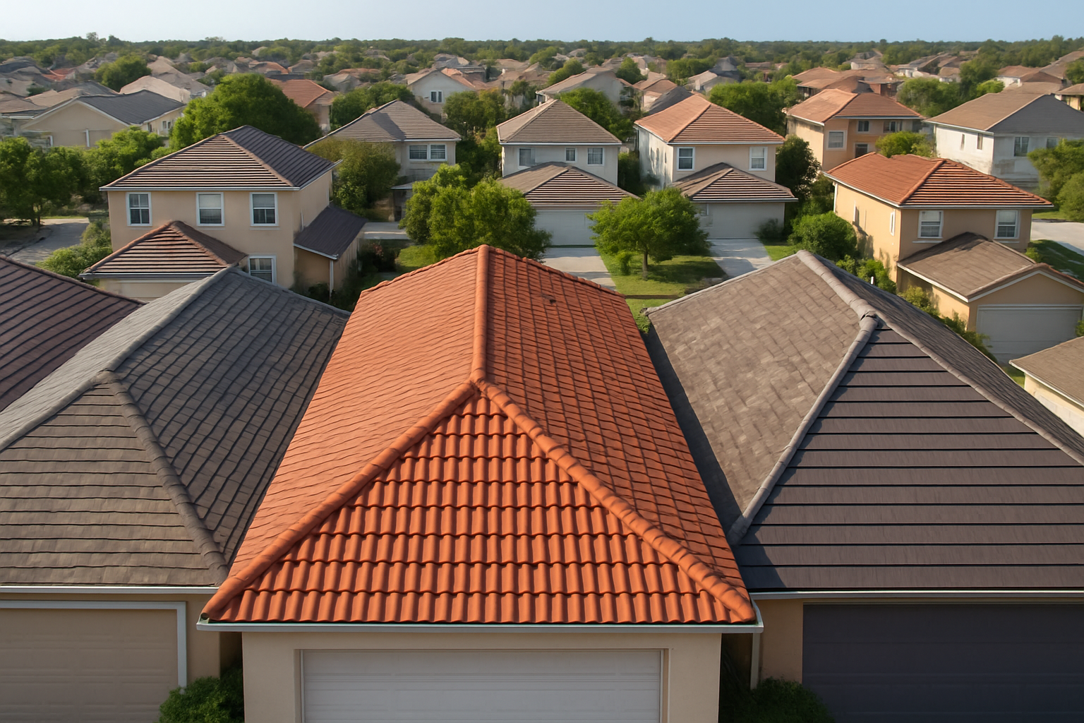 Aerial view of suburban homes with different roof styles and materials, illustrating how long does a roof last depending on type and condition.