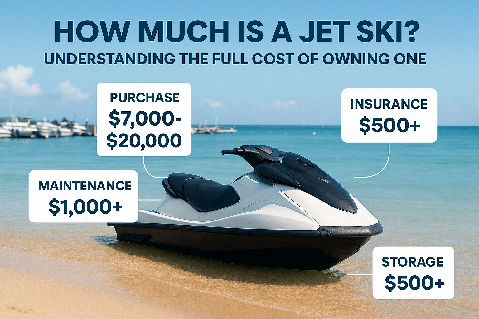 How Much Is a JetSki infographic showing a jetski on the beach with cost breakdown for purchase, maintenance, and storage.
