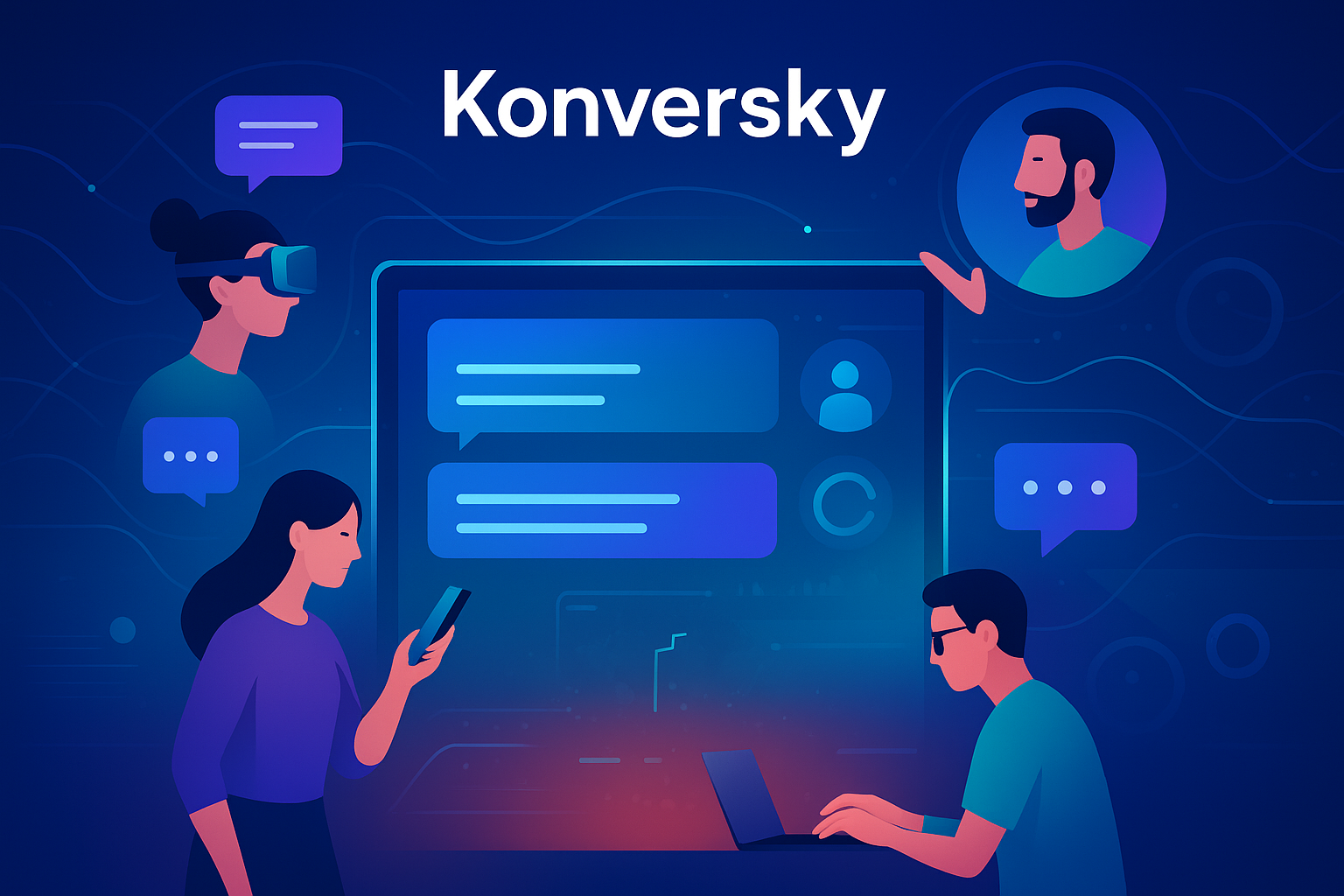 Digital illustration of Konversky, a futuristic AI-powered communication platform, showing a user interacting with a sleek interface for seamless messaging and collaboration.