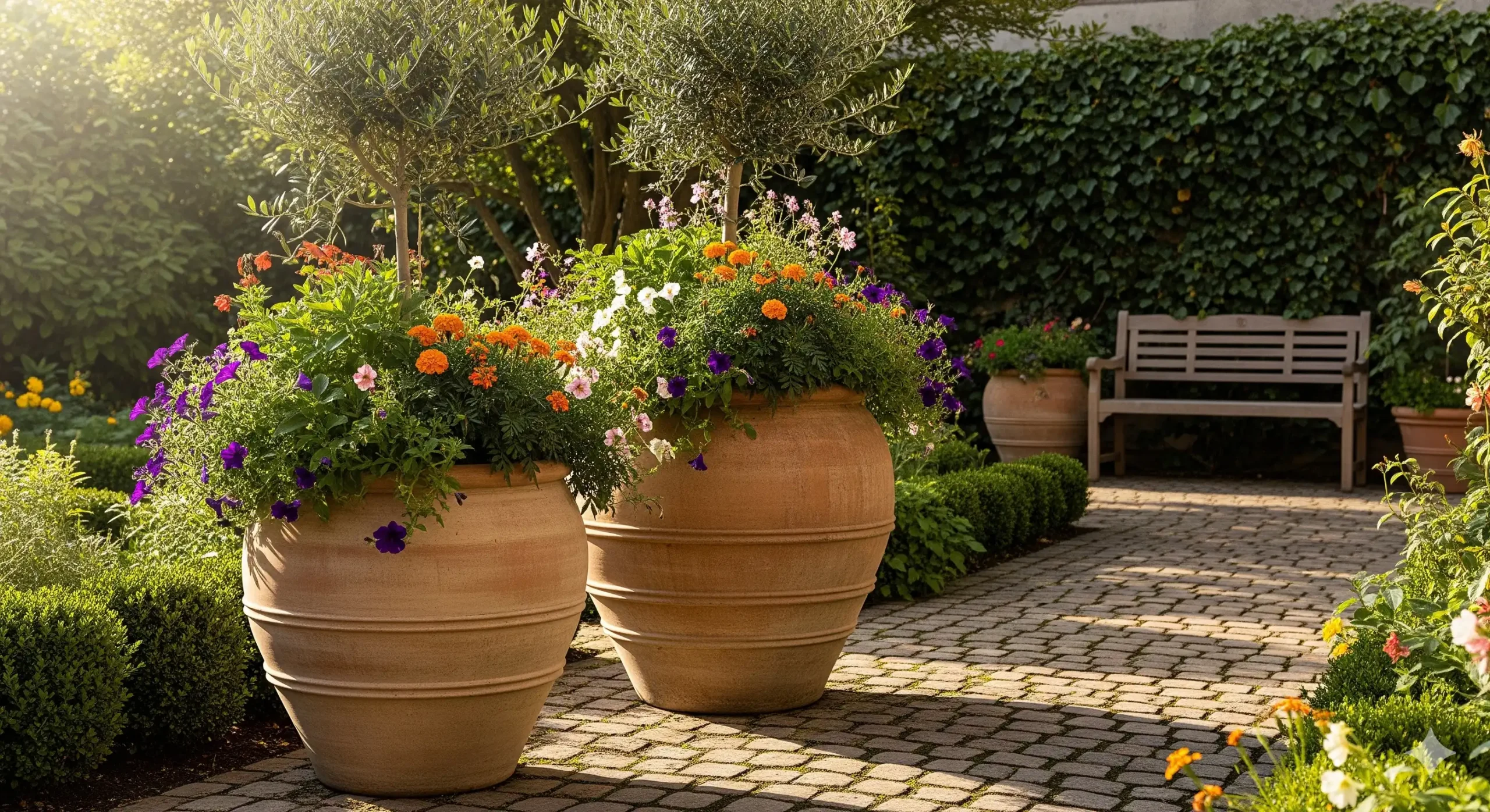 Large Flower Pots Terracotta displayed in a lush garden setting with vibrant greenery and flowers.
