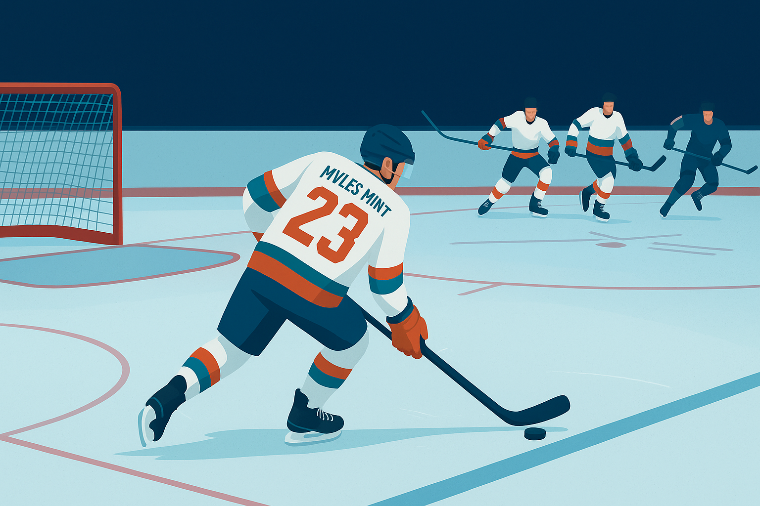 A flat-style digital illustration showing a hockey goalie leaving the net while a player, labeled “Myles Mint,” takes control of the puck, visually representing the phrase Myles Mint pulls the goalie.