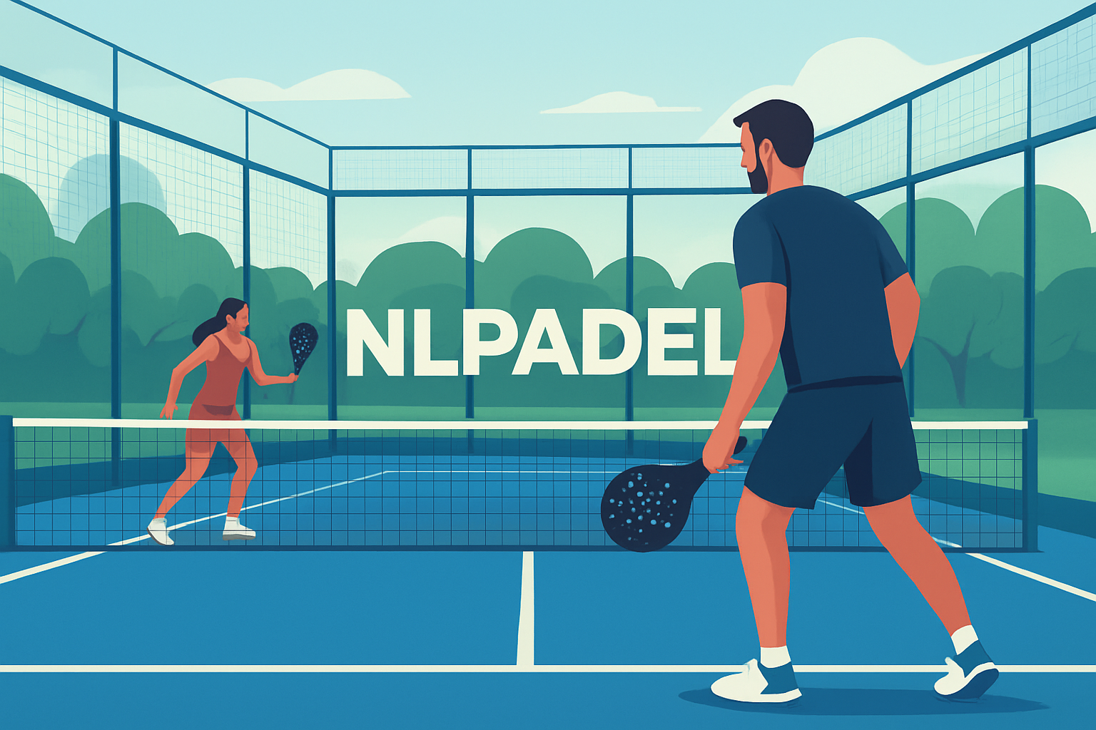 Illustration of NLPadel players competing on a modern padel court, highlighting the sport’s growing popularity in the community.