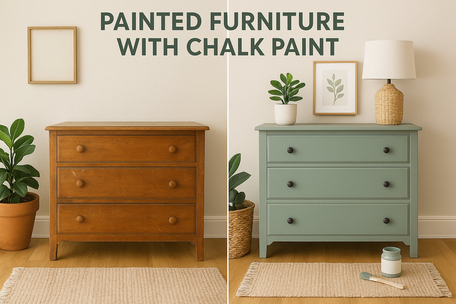 Before-and-after dresser makeover showing painted furniture with chalk paint, transforming an old wooden piece into stylish home decor.