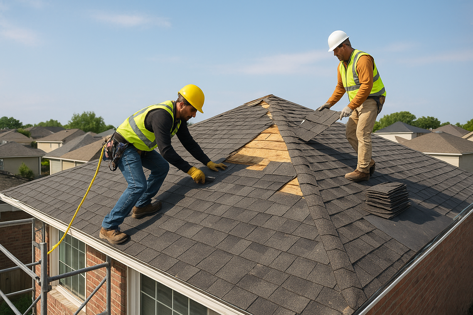Two roofers replacing shingles on a suburban home, illustrating roof replacement cost through labor and materials.