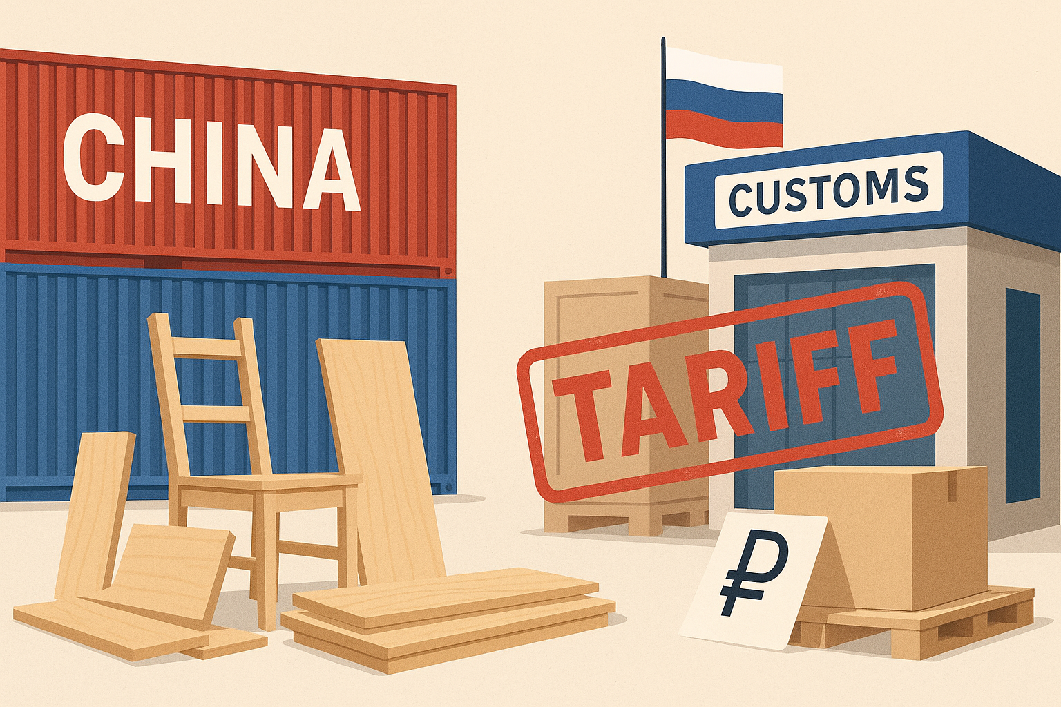 Illustration showing Russian tariffs on Chinese furniture parts with shipping containers, wooden components, and customs checkpoint.