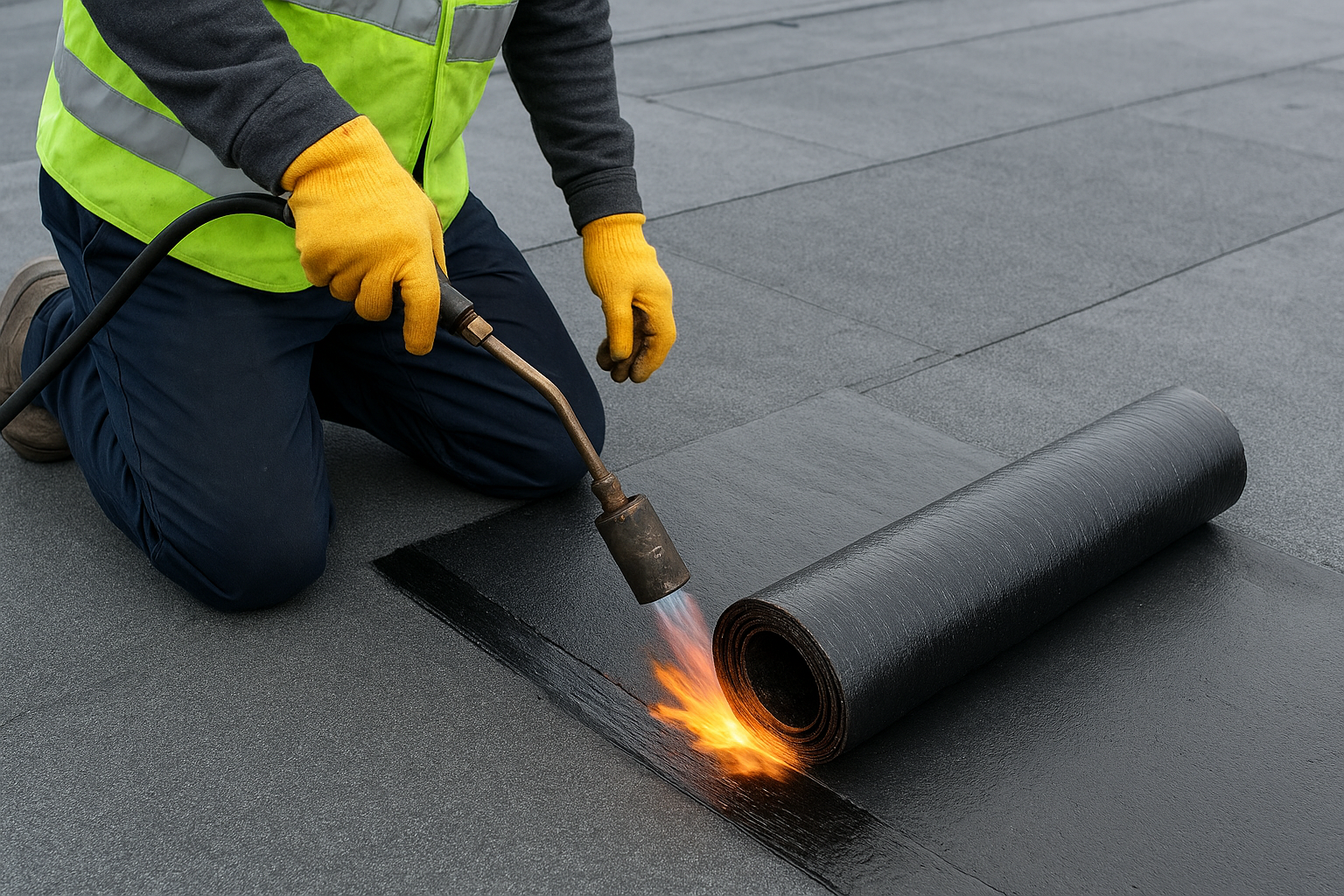 Construction worker applying a torch on app roofing membrane with a propane torch on a flat roof surface.