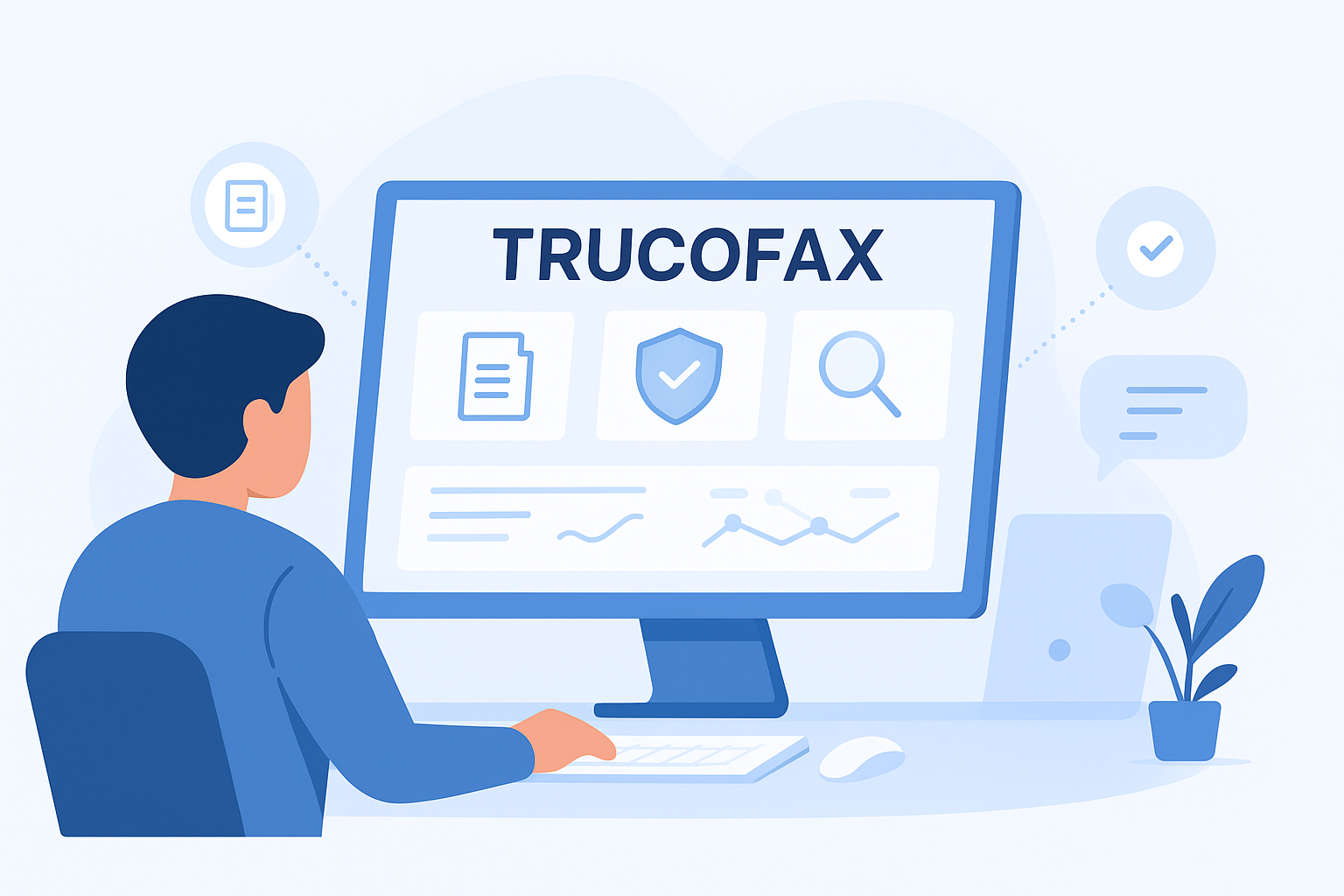 Digital illustration of a person holding a smartphone displaying the Trucofax interface, with floating icons representing data sharing, verification, and communication.
