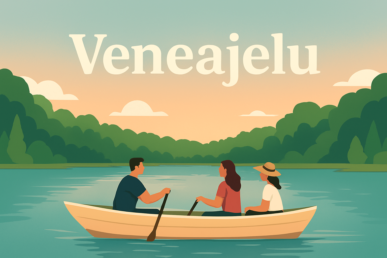 Four friends enjoying a “Veneajelu” boat ride on calm waters, surrounded by trees and nature, symbolizing relaxation and cultural meaning.