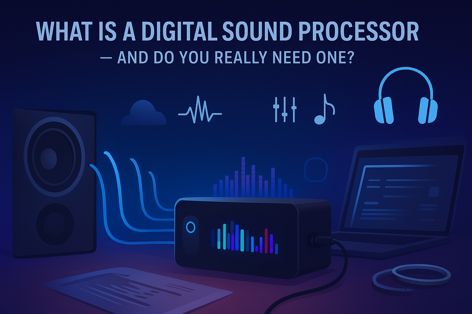 A flat-style digital illustration of a digital sound processor connected to speakers, showcasing how audio signals are enhanced for better sound quality.