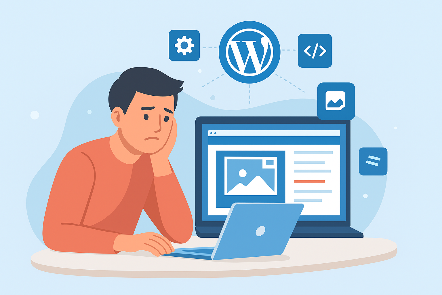 A frustrated web designer fixing layout issues on a computer screen, illustrating the problem of Why Are the WordPress Templates Messed Up.