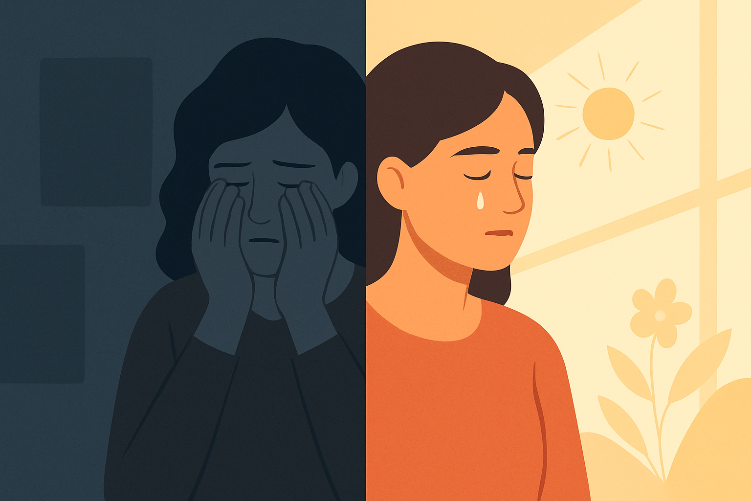 A symbolic digital illustration of a person sitting quietly with a blank expression, surrounded by broken teardrops, visually representing the question Why Can’t I Cry Anymore.
