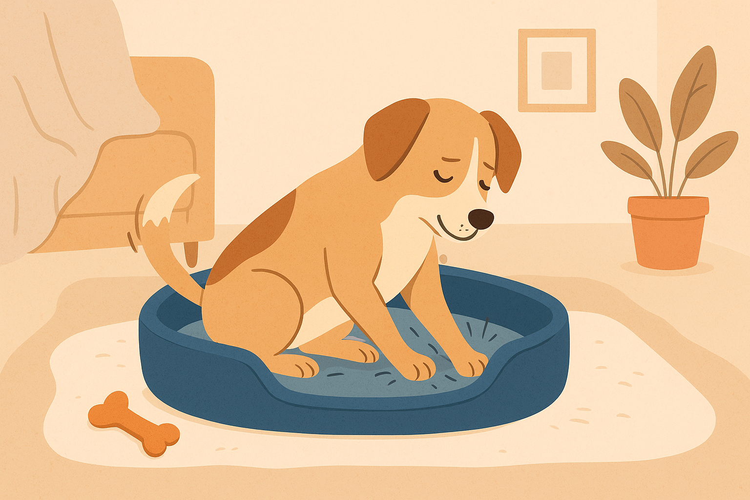 A dog scratching its bed with its paws, showing the natural canine behavior of creating comfort and marking territory.