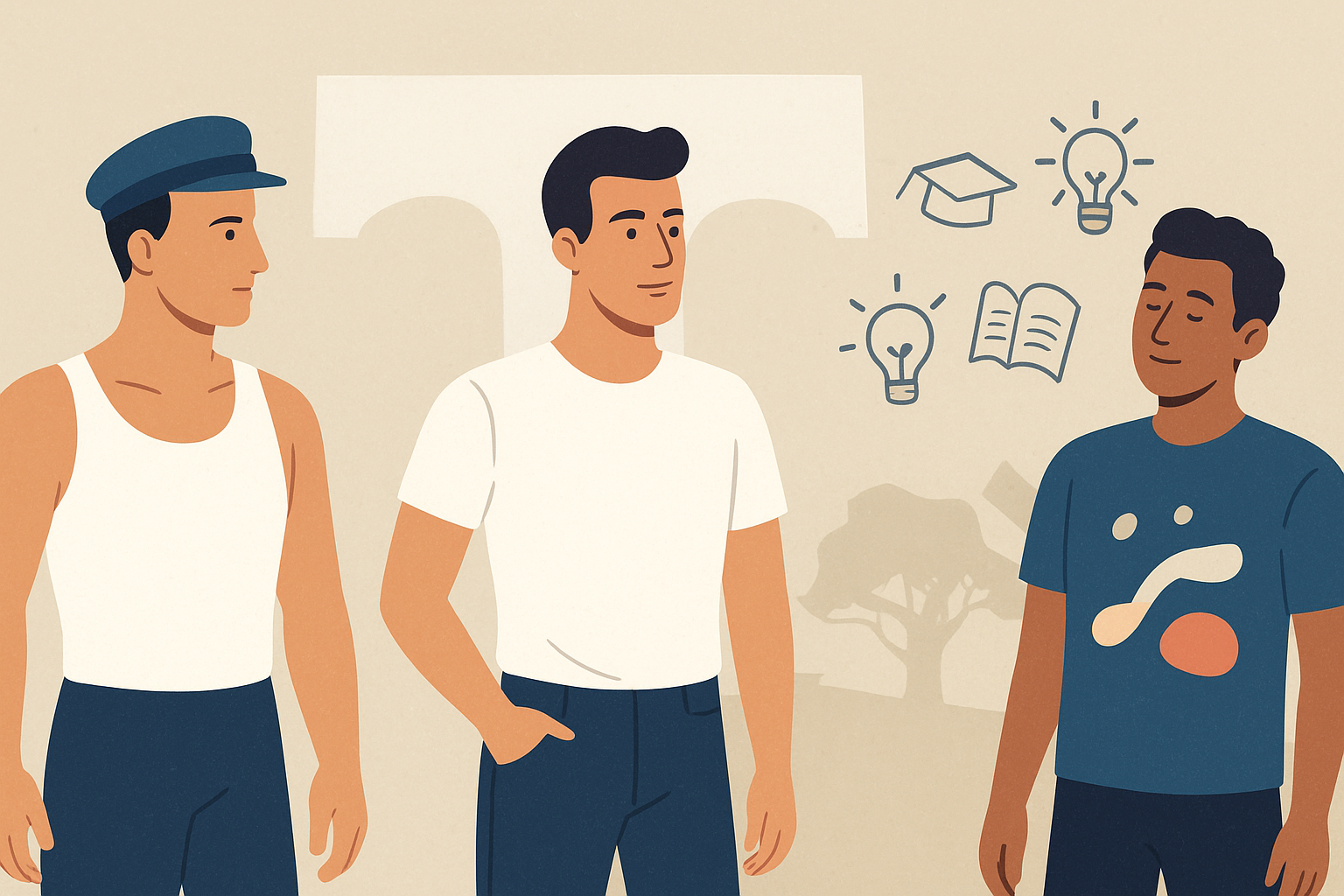 Flat-style digital illustration showing the evolution of the T-shirt, from early undershirt designs to modern casual wear, highlighting its cultural impact. Showing Why Is It Called a T-Shirt.