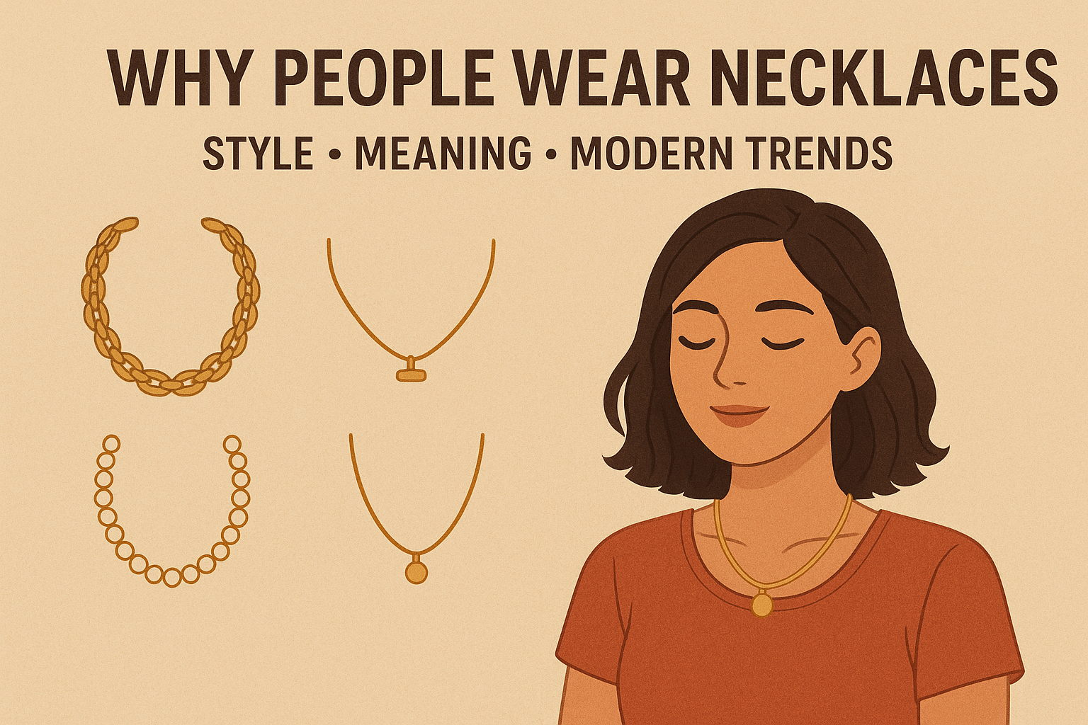 Infographic illustration explaining why people wear necklace, showing fashion, symbolism, and modern trends.