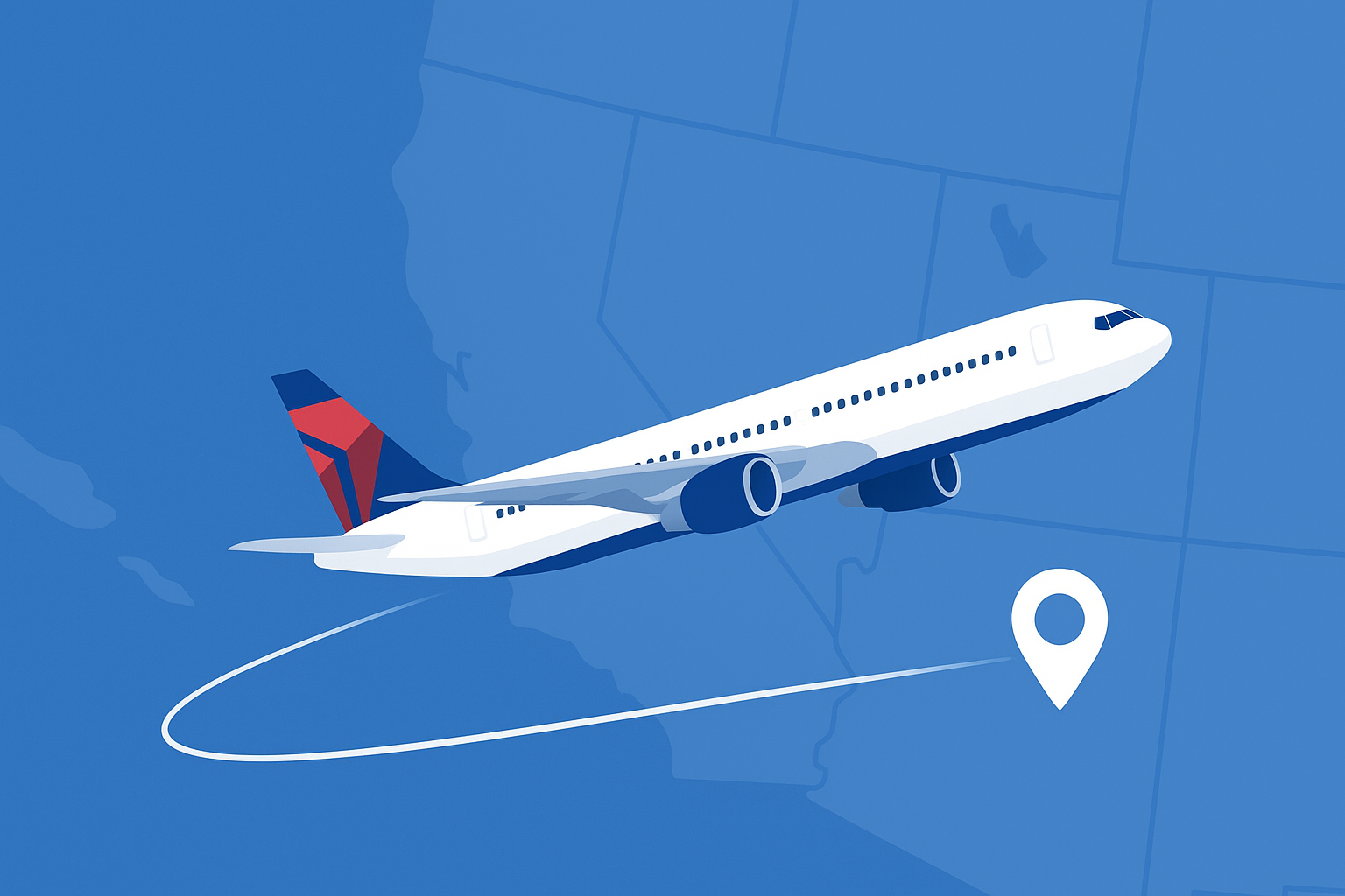 Illustration of a Delta Airlines plane mid-flight with a Los Angeles airport skyline in the background, symbolizing Delta Flight DL275 being diverted to LAX.