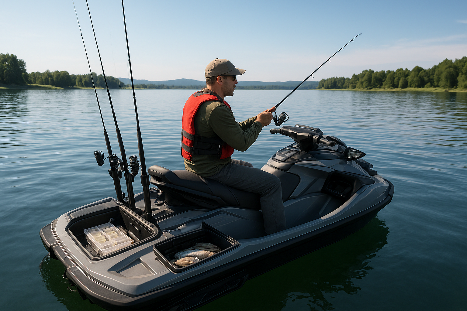 Fishing JetSki on calm water with rod holders, storage compartments, and a mounted fish finder, demonstrating how a fishing JetSki works.