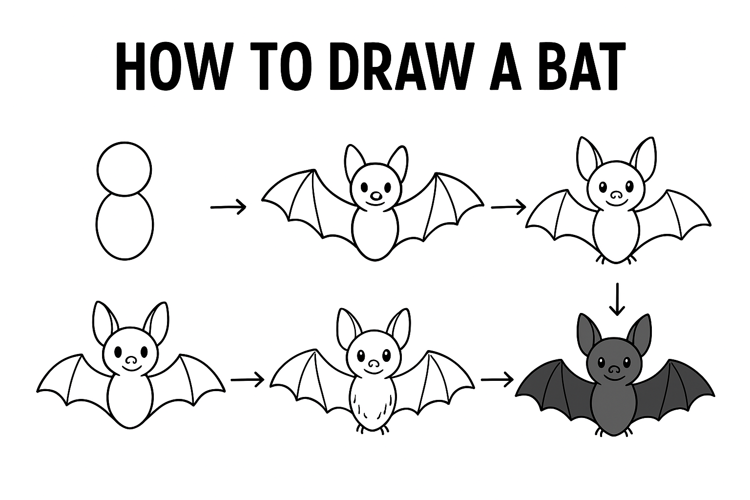 Step-by-step illustration showing how to draw a bat with simple lines and shading.