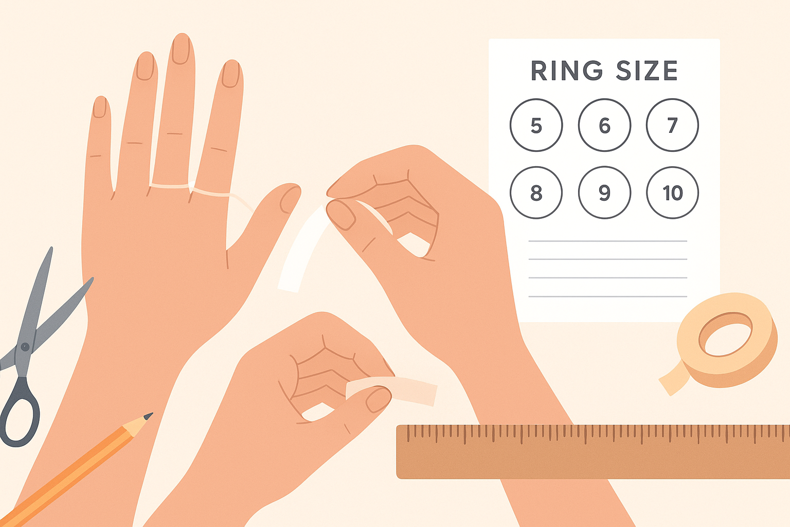 A flat-style digital illustration showing a step-by-step DIY process on how to measure ring size at home using common tools like string, paper, and a ruler.