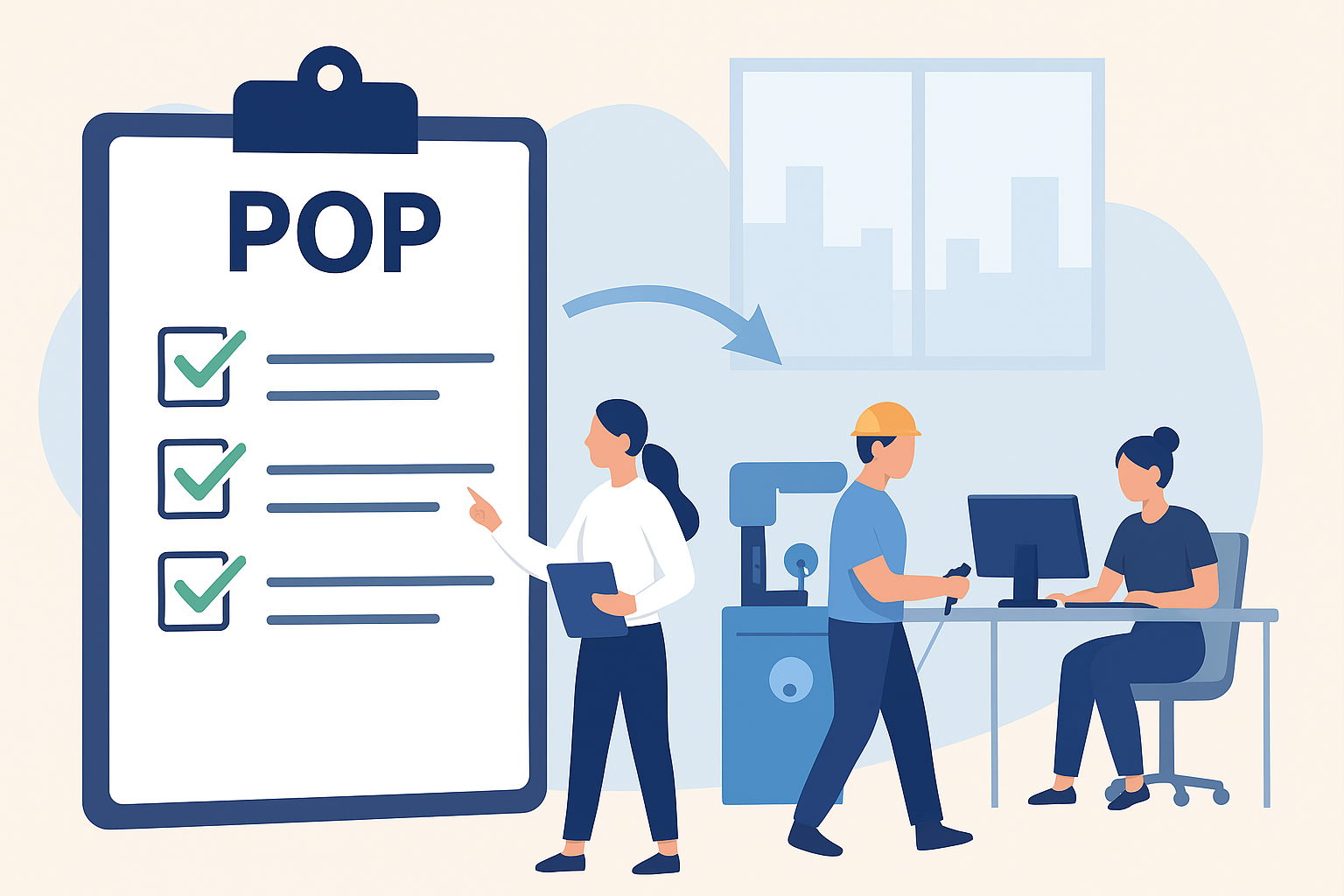 Flat-style digital illustration showing a workplace team collaborating on creating and reviewing documents, representing the concept of Protocolo Operacional Padrão (POP) and its importance in standard procedures.