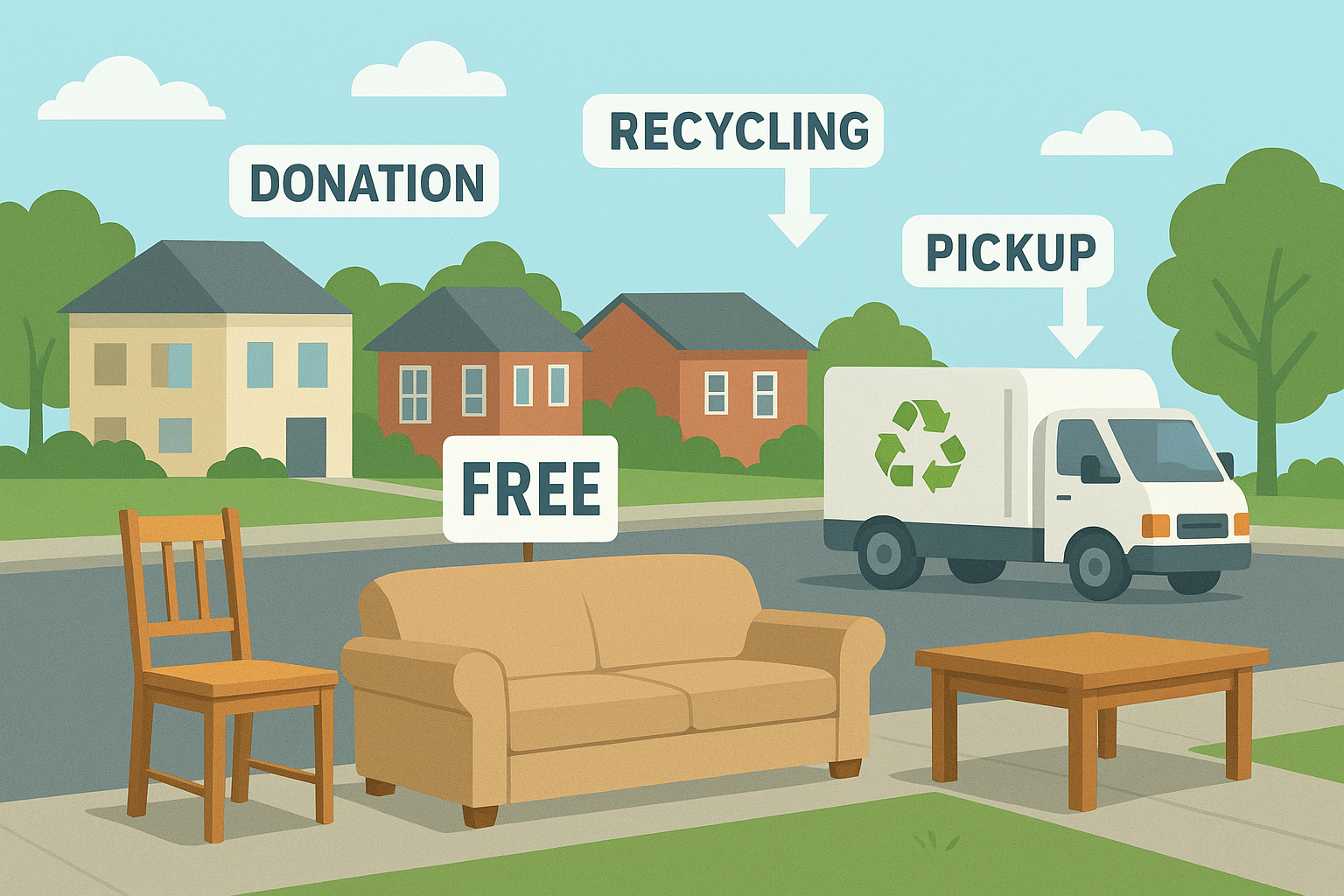 Old chair, sofa, and table on the curb with a free sign, illustrating options for where can I throw away furniture for free.