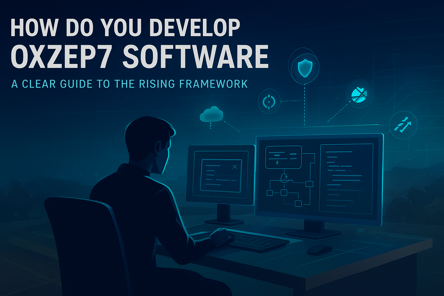 Developer working at a desk with multiple screens showing workflow diagrams and code, symbolizing how to Develop Oxzep7 Software.