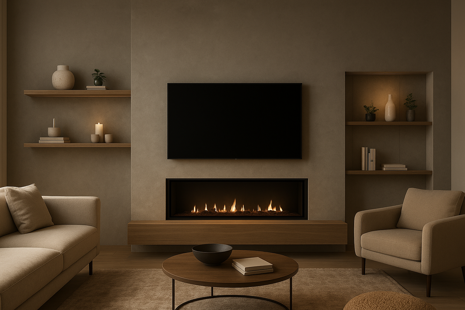 Modern living room interior featuring a sleek built-in gas fireplace with wooden shelving and a neutral color palette — showcasing contemporary Fireplace Wall Ideas.