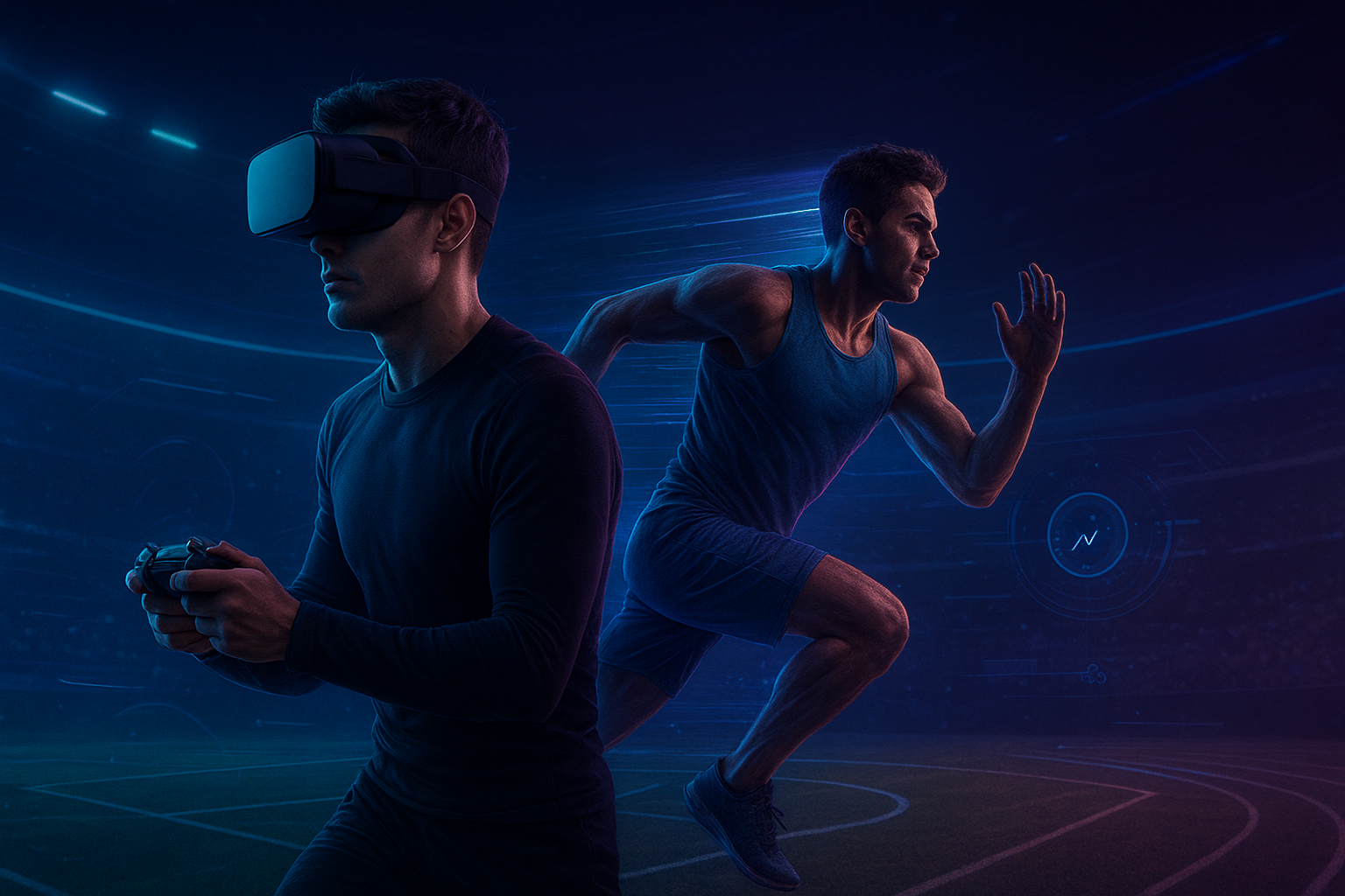 Futuristic athlete transitioning from gaming to real-world competition, representing Harmonicode Sports.