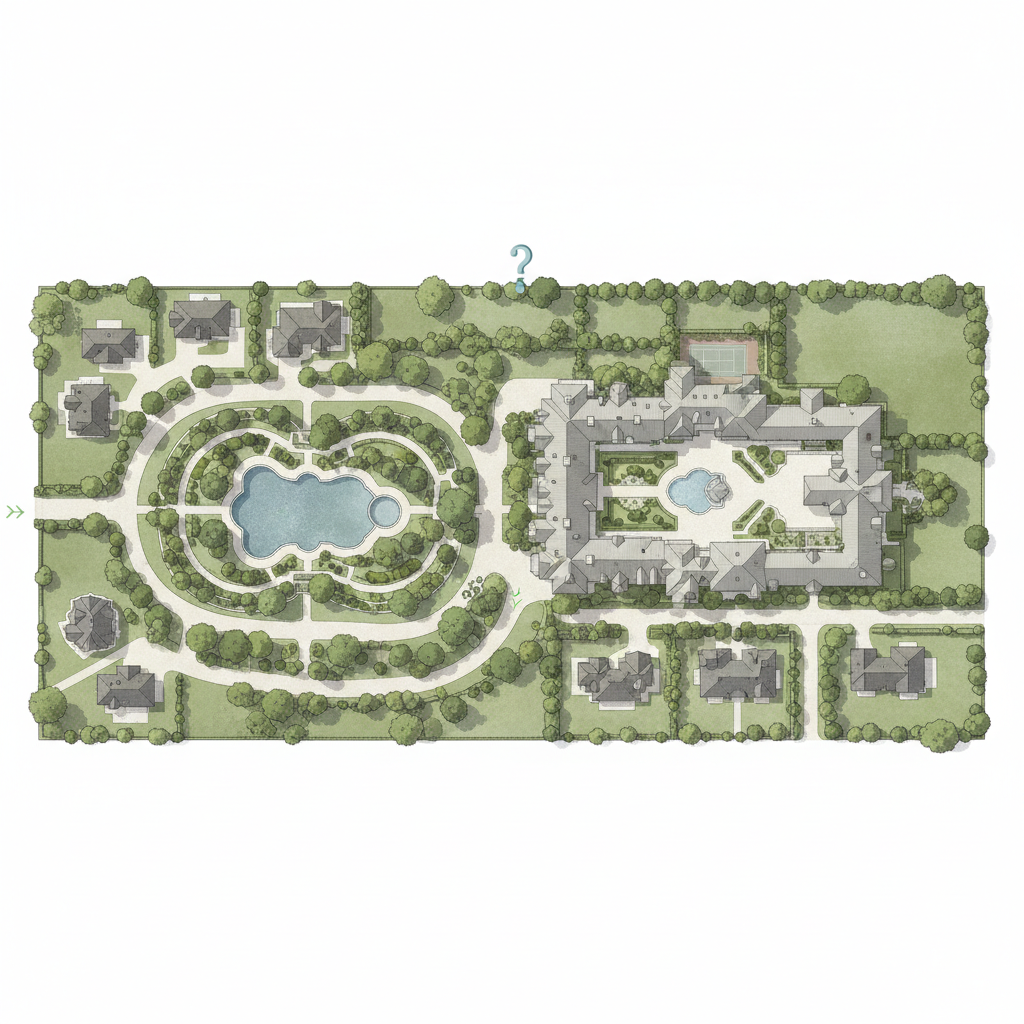 Aerial illustration contrasting the large footprint of a mega-mansion (like the Jesse Duplantis House) with surrounding normal-sized homes, featuring a question mark icon for scale and debate.
