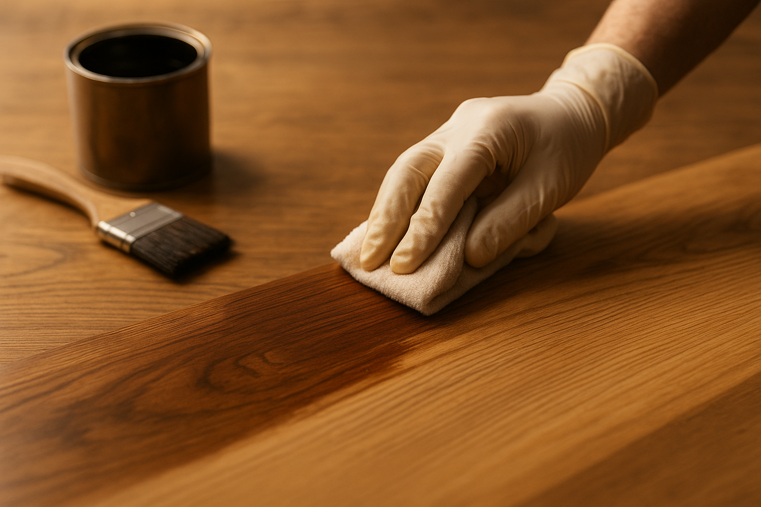 A person wearing gloves applying wood stain to a wooden surface with a cloth, showing the drying process and finish quality — illustrating How Long Does It Take for Stain to Dry.