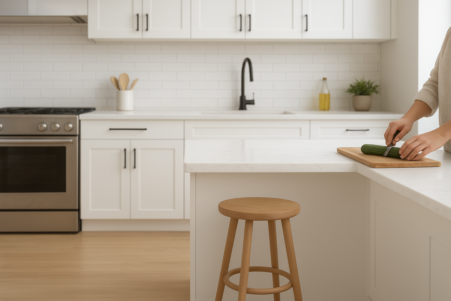 Modern kitchen with a person using a tape measure to check cabinet height, illustrating How Tall Are Kitchen Counters in a contemporary setup.