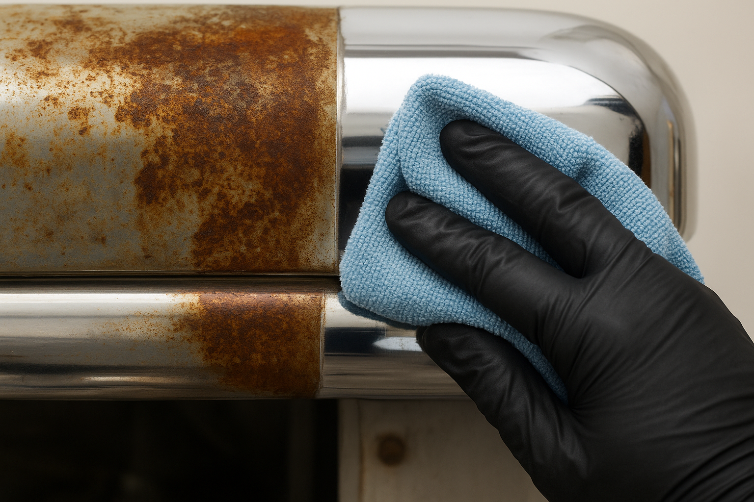 A close-up of hands cleaning a chrome car part with a cloth and cleaner, showing how to get rust off chrome effectively.
