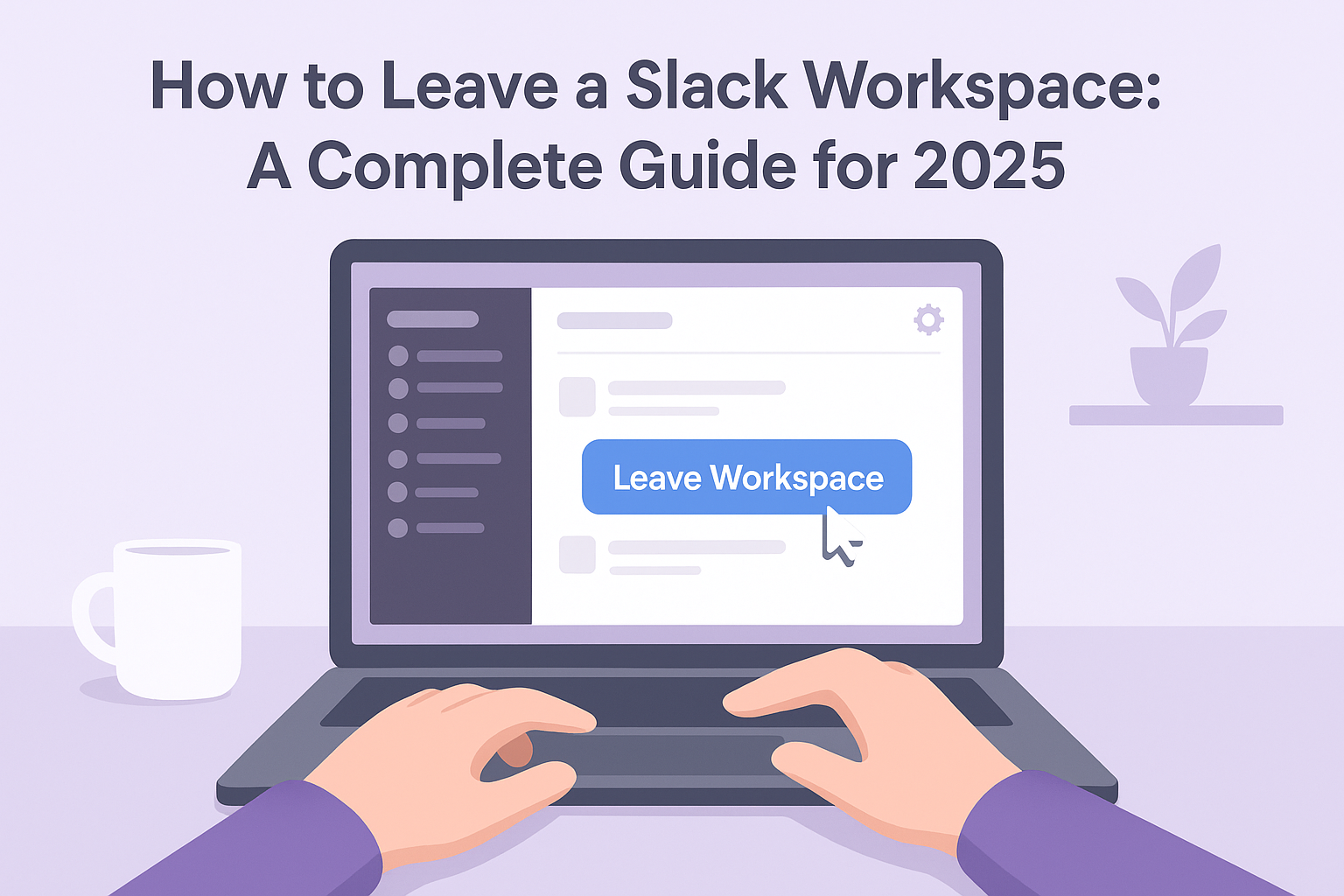 Person sitting at a desk using a laptop with the Slack interface open, highlighting the ‘Leave Workspace’ button to demonstrate How to Leave a Slack Workspace.