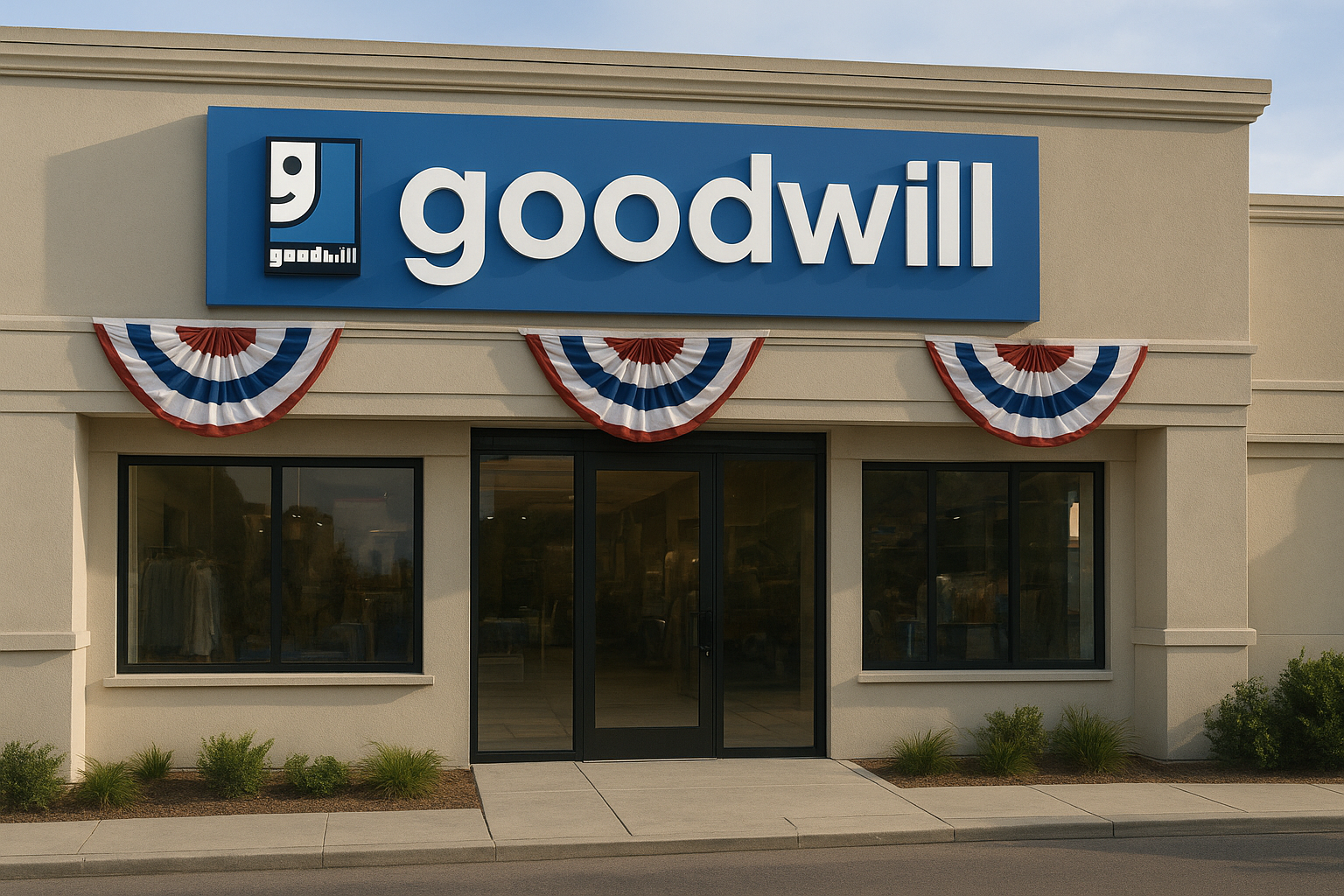 Exterior of a Goodwill store decorated with American flags, representing the question “Is Goodwill Open on Labor Day.”